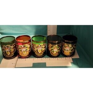 Antique Bohemian Gilt Glass Set of 5 Multicolor Hand Painted Gold Enamel